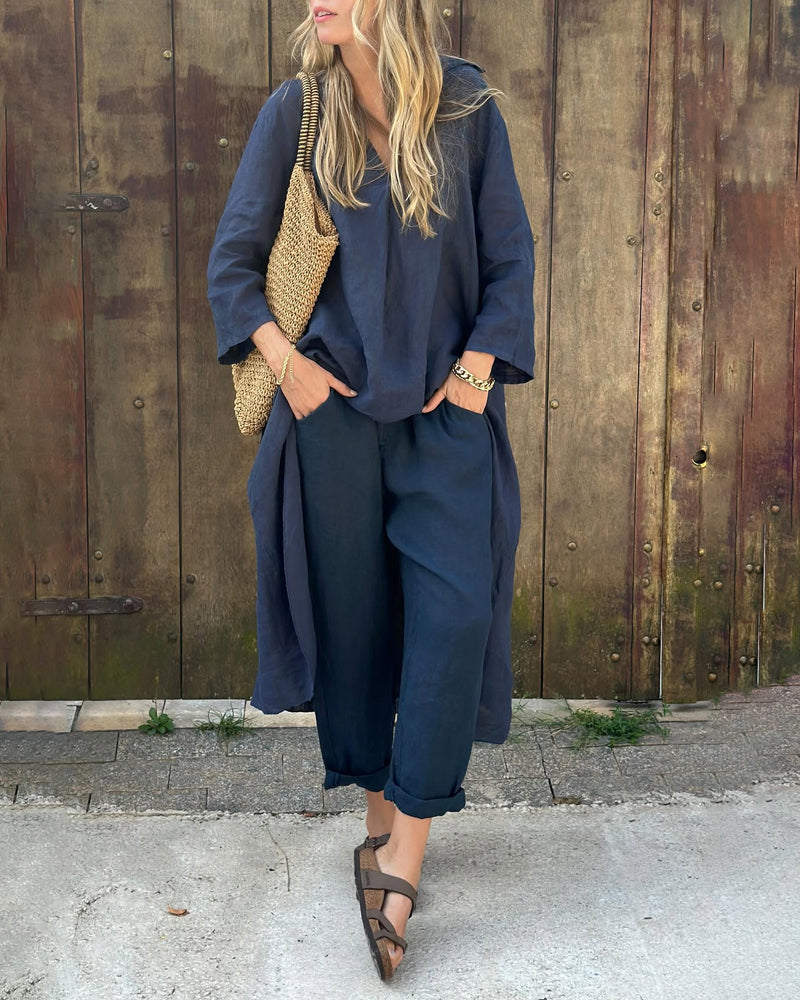 Women's Relaxed Linen Co-ord Set - Navy Blue