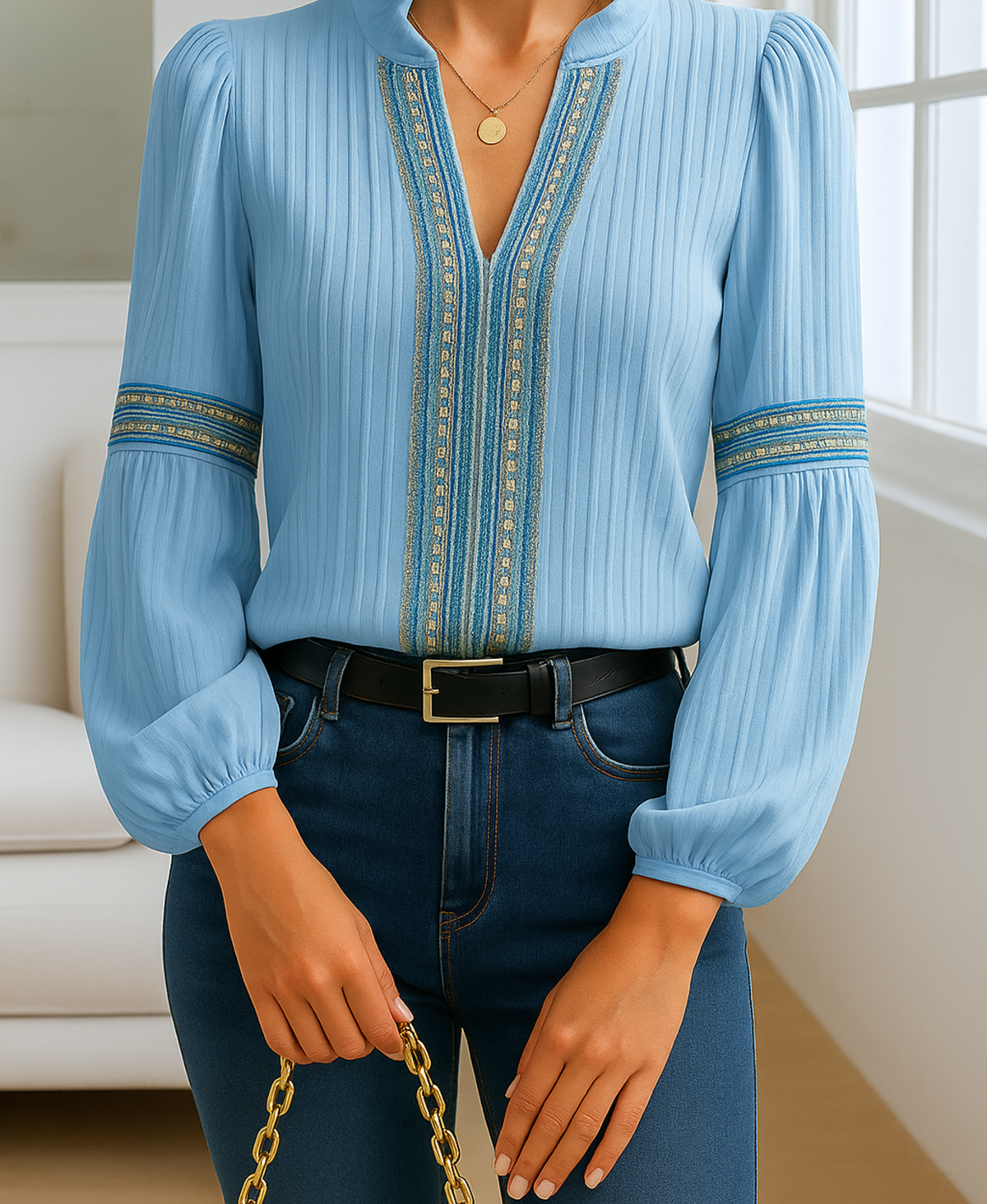 Women's Embroidered V-Neck Blouse