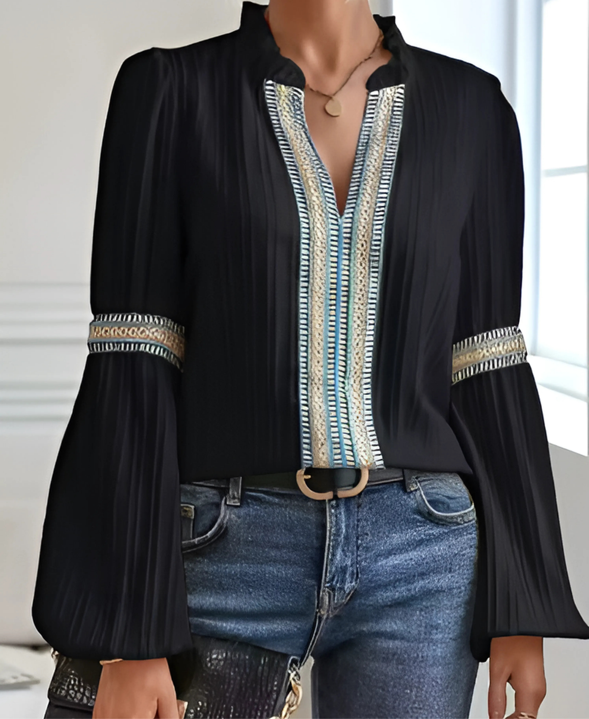 Women's Embroidered V-Neck Blouse