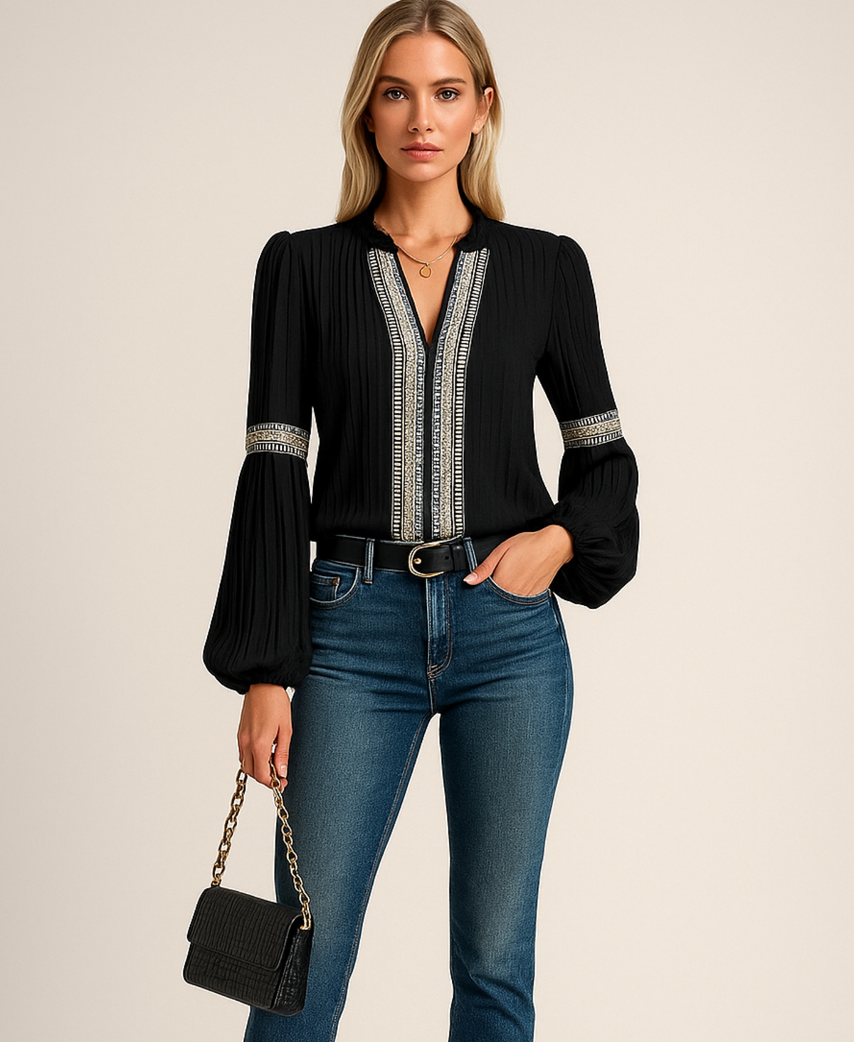 Women's Embroidered V-Neck Blouse