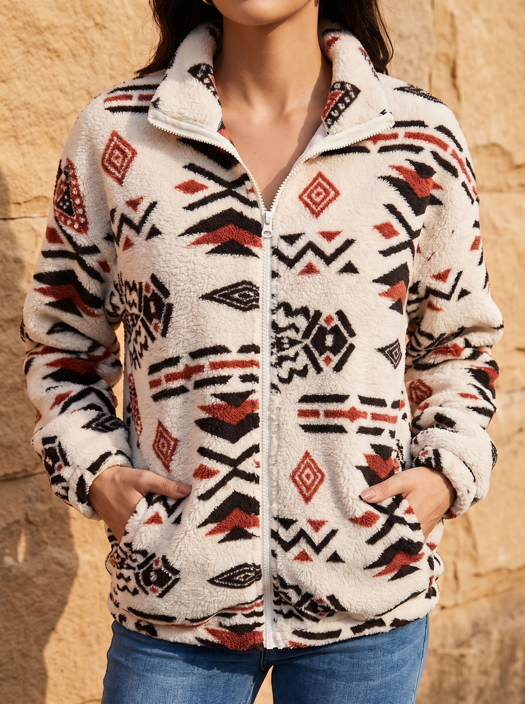 Hooded Aztec Sherpa Jacket - Sand Aztec