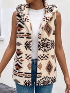 Hooded Aztec Sherpa Vest - Cream Aztec
