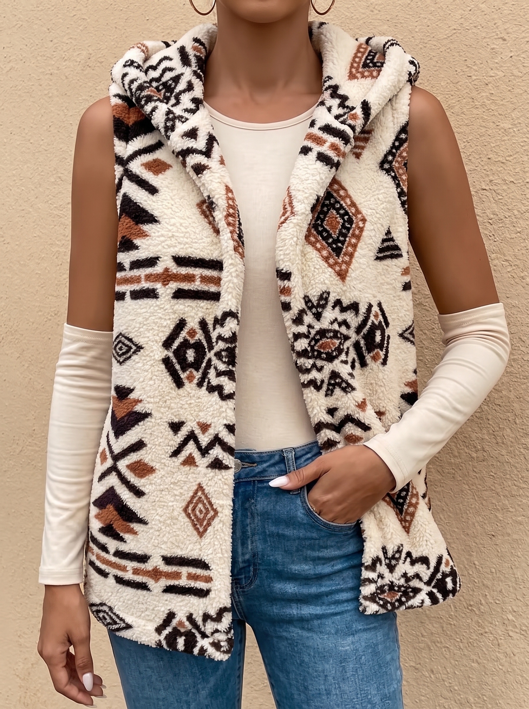 Hooded Aztec Sherpa Vest