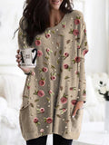 Women's Floral Tunic Top with Pockets - Coffee Brown