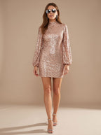 Wynne | Sequin High Neck Puff Sleeve Bodycon Mini Dress