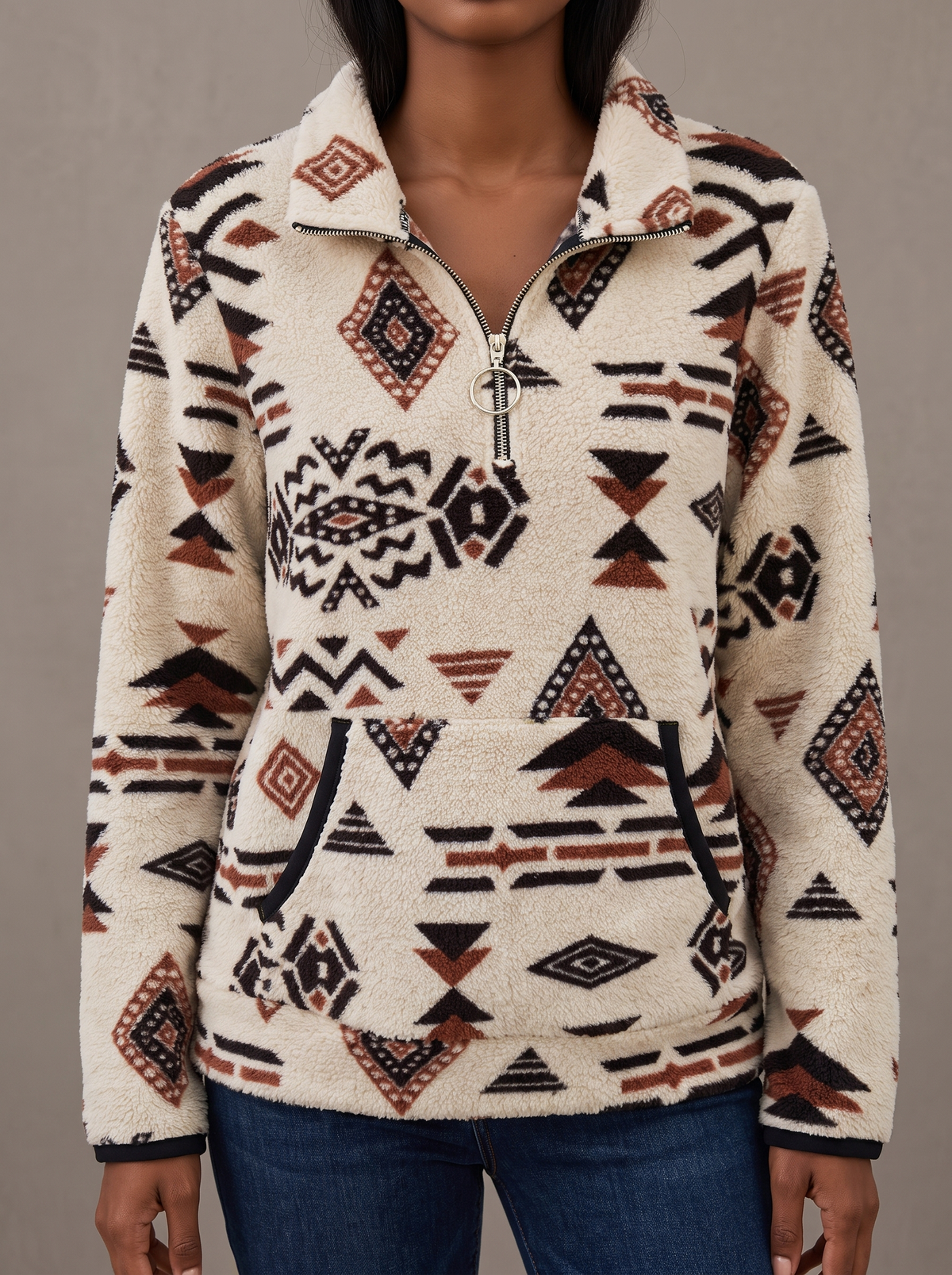 Aztec Half-Zip Sherpa Pullover - Cream Aztec
