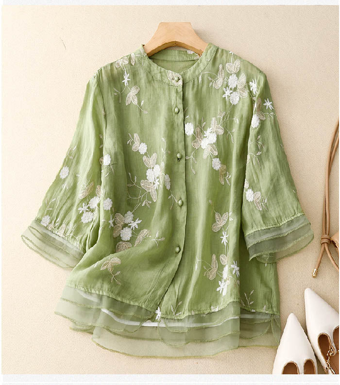 Chic Blouse with Embroidered Accents - Green