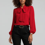 Women's Tie Neck Puff Sleeve Blouse - Red