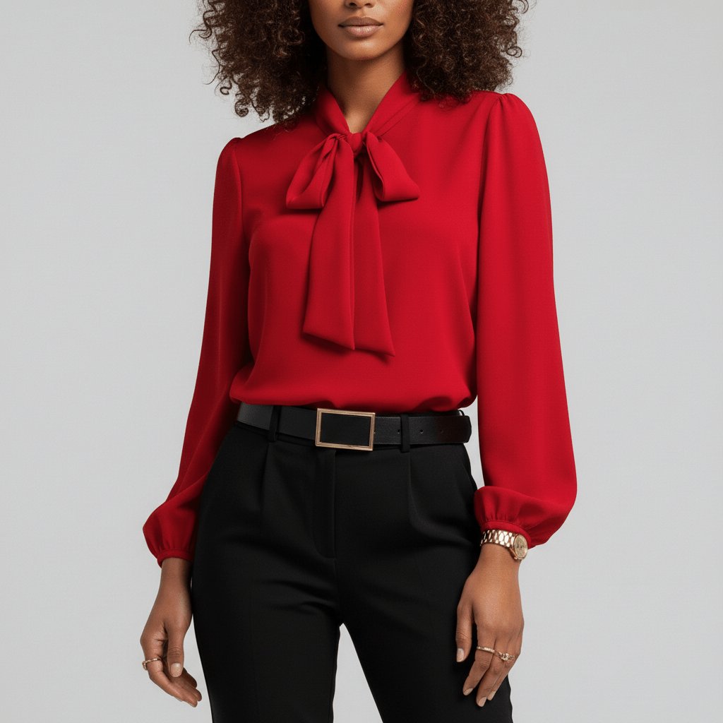 Women's Tie Neck Puff Sleeve Blouse - Red