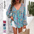 Women's Boho Floral Long Sleeve Tunic Blouse - Blue