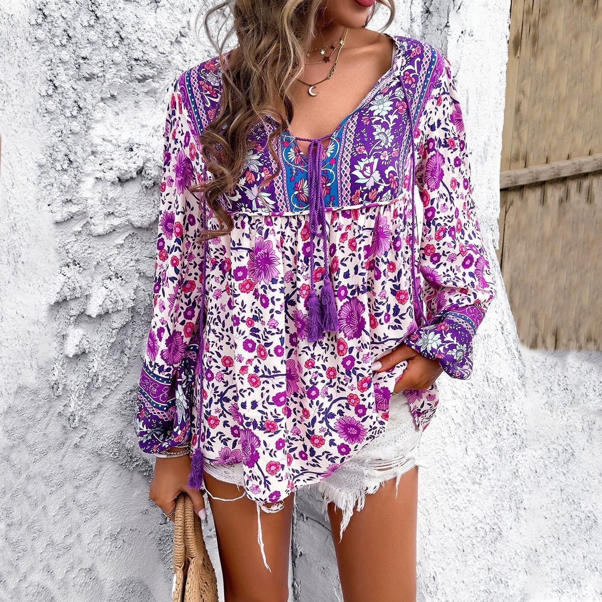 Women's Boho Floral Long Sleeve Tunic Blouse