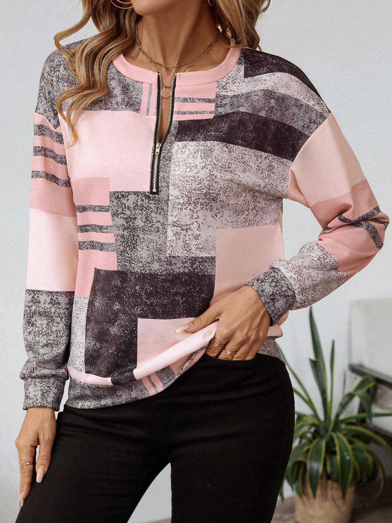 Women's Abstract Print Long Sleeve Top - Pink